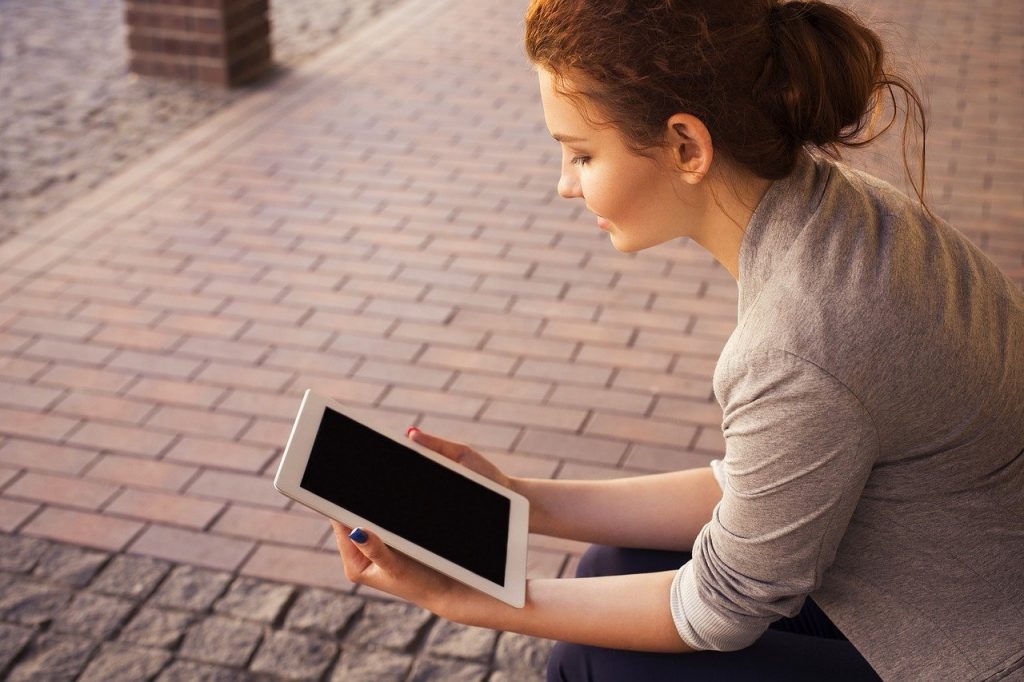 tablette, ordinateur, femme